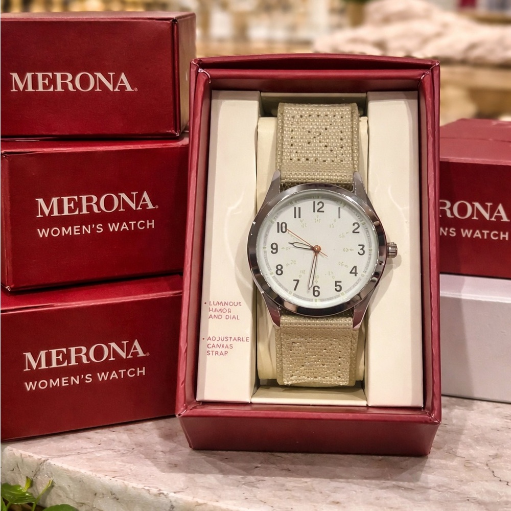 Merona Beige Canvas Strap Women's Watch with White Dial